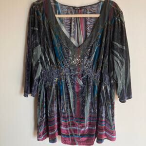 Apt 9 Womens 3X Gray Velvet Floral Rhinestone Babydoll Top Art to Wear Ren Faire